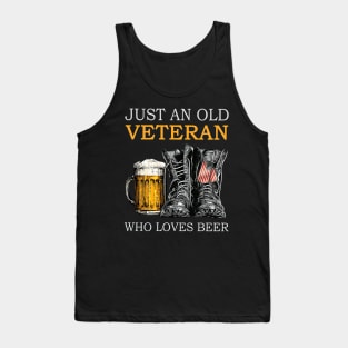 Just An Old Veteran Who Loves Beer Army Boots USA Flag Dog Tag Tank Top